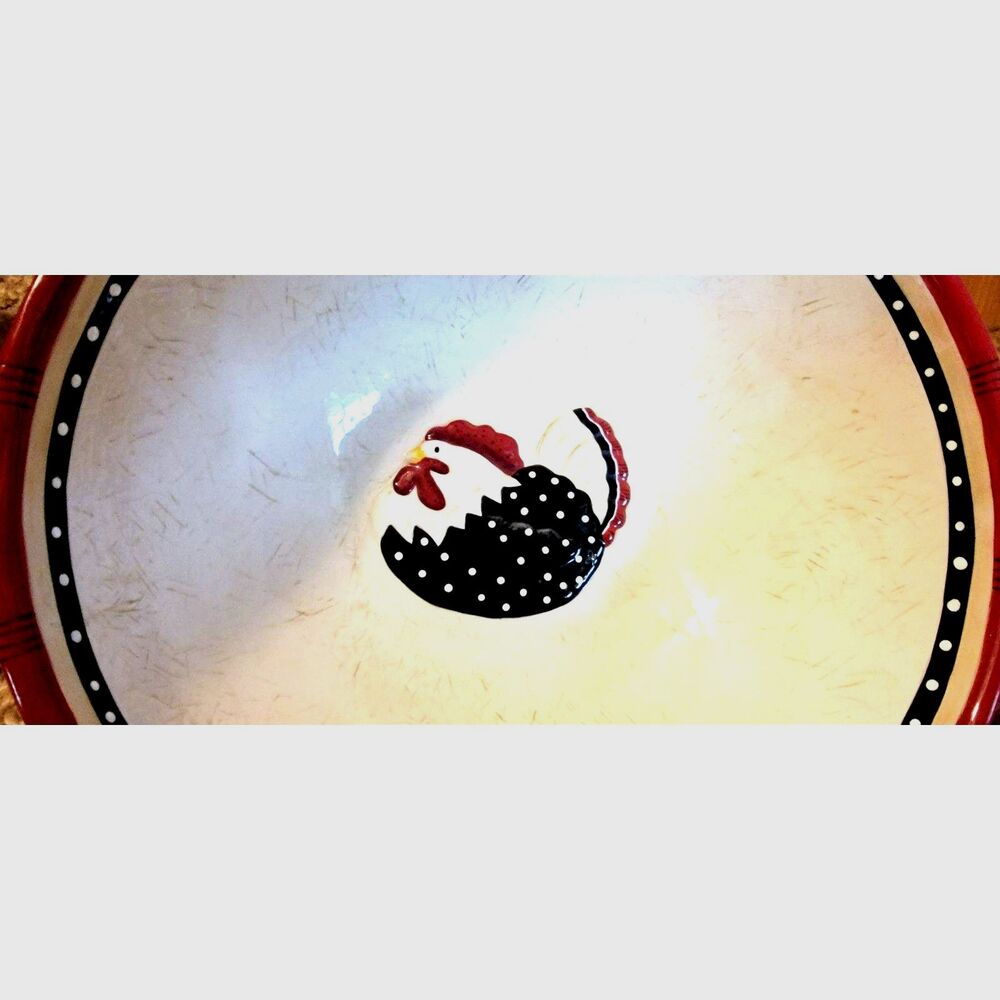 XL Decorative Serving Bowl w Broody Hen Cream Red Black Family-Style Salad Rolls